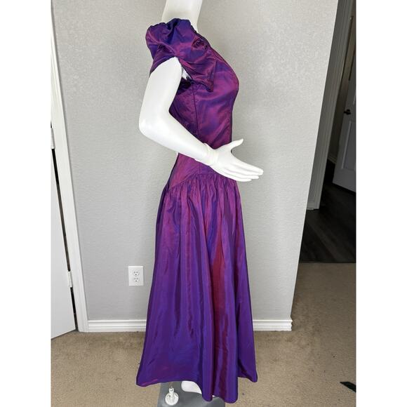 Vintage 80s Alfred Angelo Midi Dress Puff Slv Iridescent Purple Taffeta Prom S - Picture 9 of 12